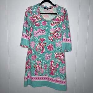 Barbara Erickson Women’s Lobster Print Shift Dress Beachy Resort Preppy Pink S